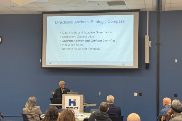 Dr. Pollard speaking at Hawkeye Community College about Resilient by Design.